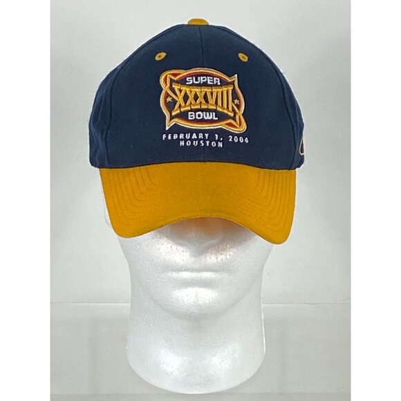 VTG Reebok 2004 Houston Super Bowl XXXVIII Strapback Cap Blue/Yellow OS F293 - Picture 1 of 8